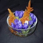 gentians and Amaranthus in a water bowl arrangement